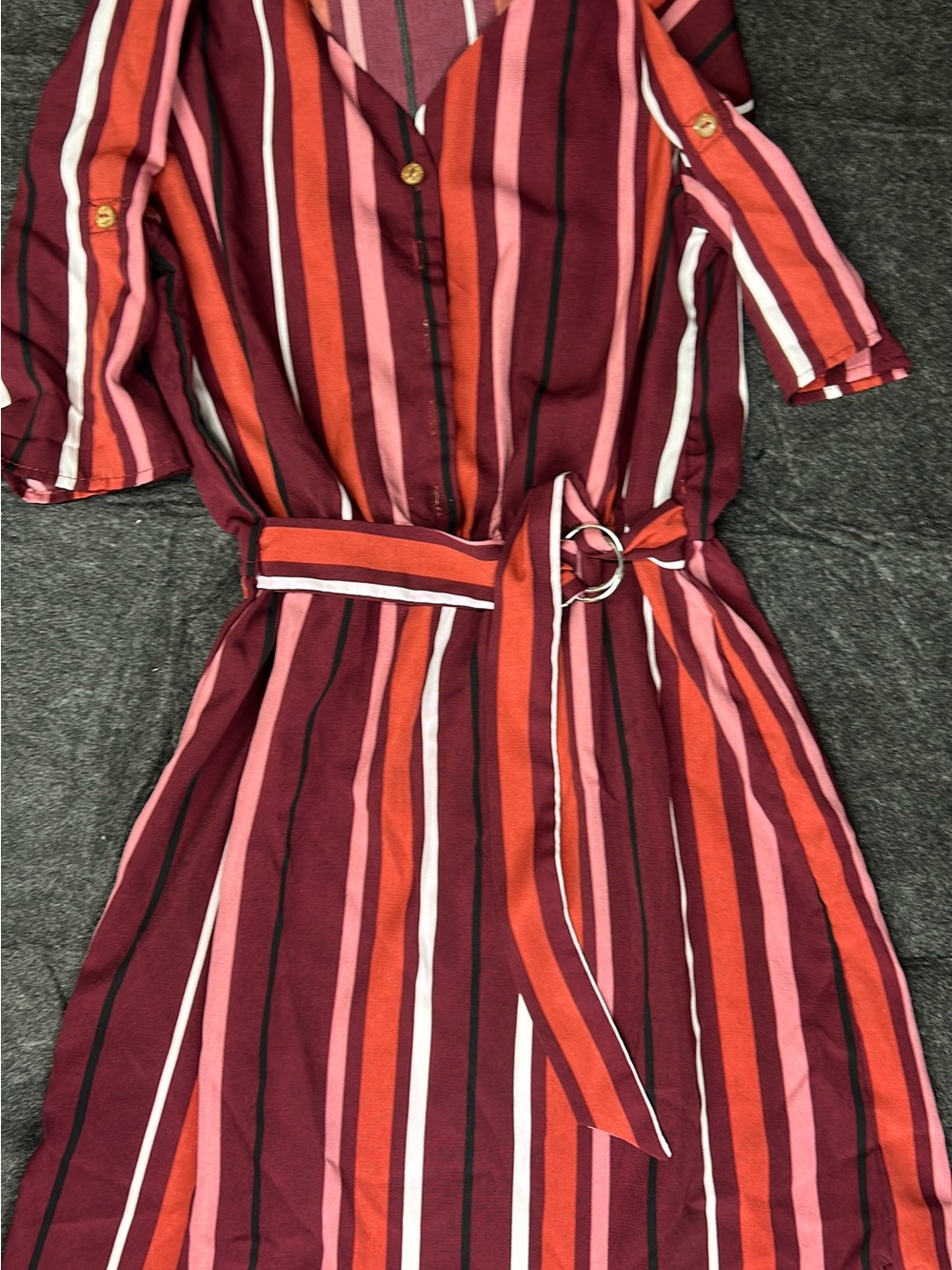Striped Belted Midi Dress in Burgundy and Pink